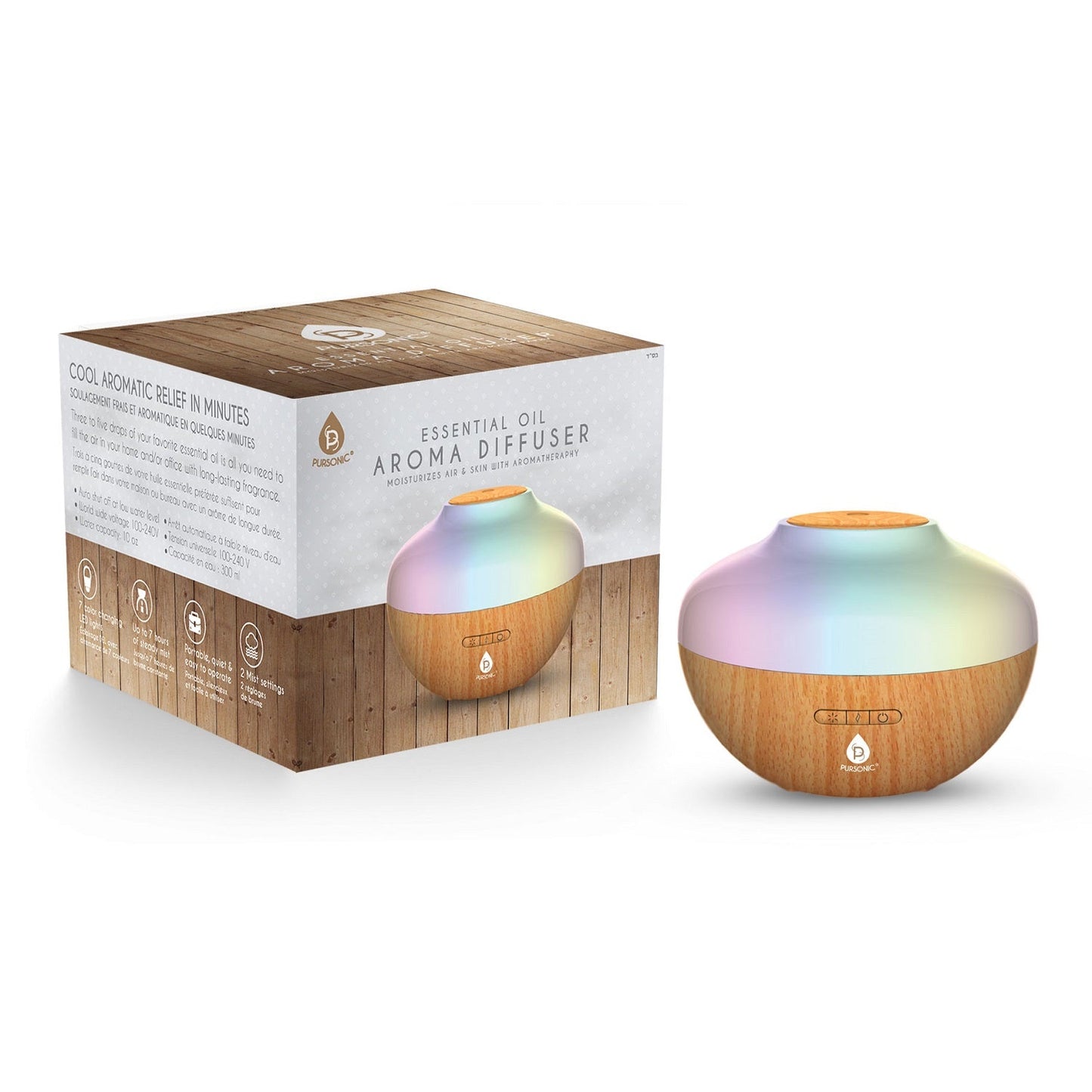 Pursonic Ultrasonic Aromatherapy Diffuser with 7-Color LED & Auto Shutoff – 10 oz