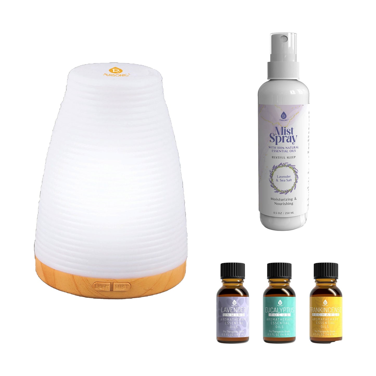 Pursonic Aromatherapy Essentials Bundle | USB Diffuser, 3 Essential Oils & Lavender Mist