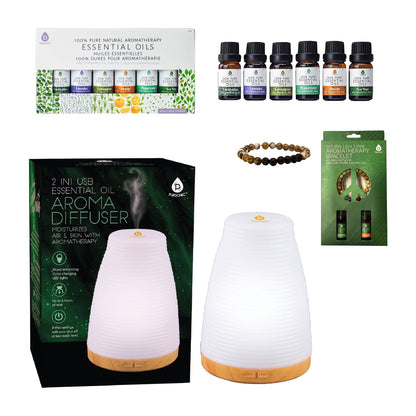 Aromatherapy Wellness Bundle . Diffuser, Lava Bracelet & 6 Essential Oils